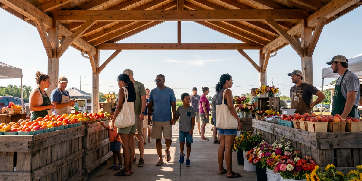 Cooperstown Farmers Market on a bright Saturday morning with produce stands and families