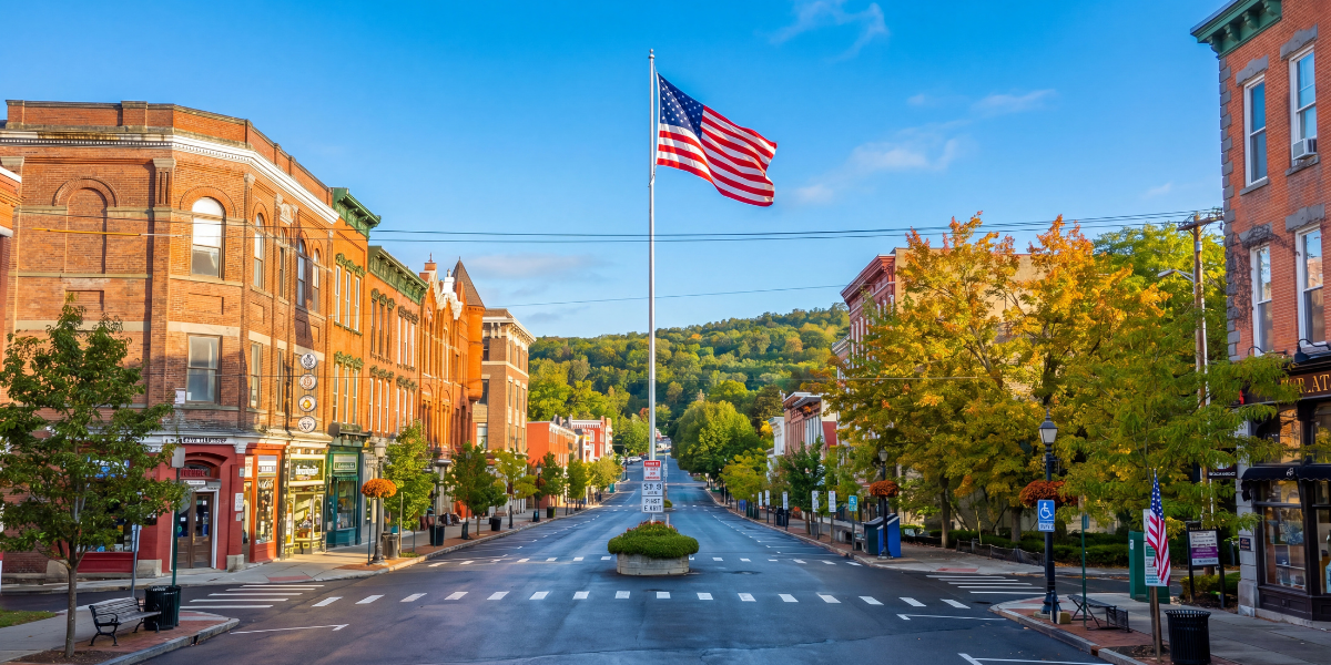 Historic Main Street in Cooperstown Village on a clear summer morning